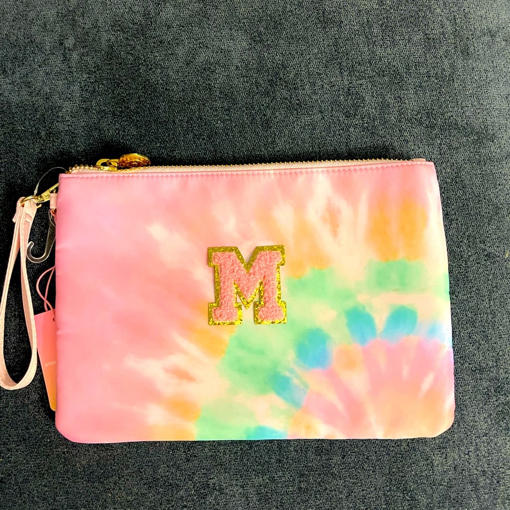 Initial M Stoney clover lane rainbow wristlet pouch with pink and gold patch